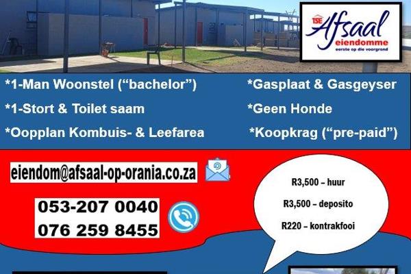 Bachelor woonstel
Gasgeyser &amp; -plaat
Pre-paid
Geen diere

Verblyfreg in Orania ...