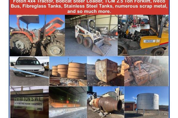 Bobcat, Foton Tractor, Forklift, Iveco Bus, variety of tanks, and industrial cranes, numerous scrap metals, and many more.