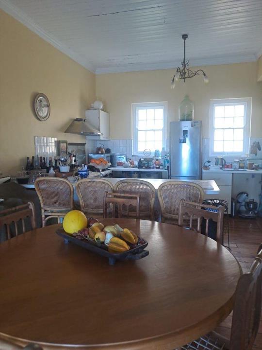 Spacious kitchen-dining area with a round wooden dining table and rattan chairs, yellow walls, original tongue-and-groove ceiling, sash windows, stainless-steel fridge, and an overhead rangehood above the cooking area.