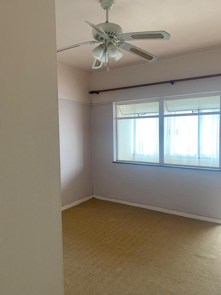 Empty carpeted bedroom with white ceiling fan fitted with light kit, large three-pane window with sheer curtains, curtain rod, and white walls.