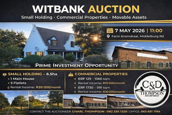Erf 1729 - 1068 sqm  -  Rental income - R 15 000/month
Erf 1730 - 991 sqm    -  Rental income - R 30 000/month

Copy of ID and proof ...