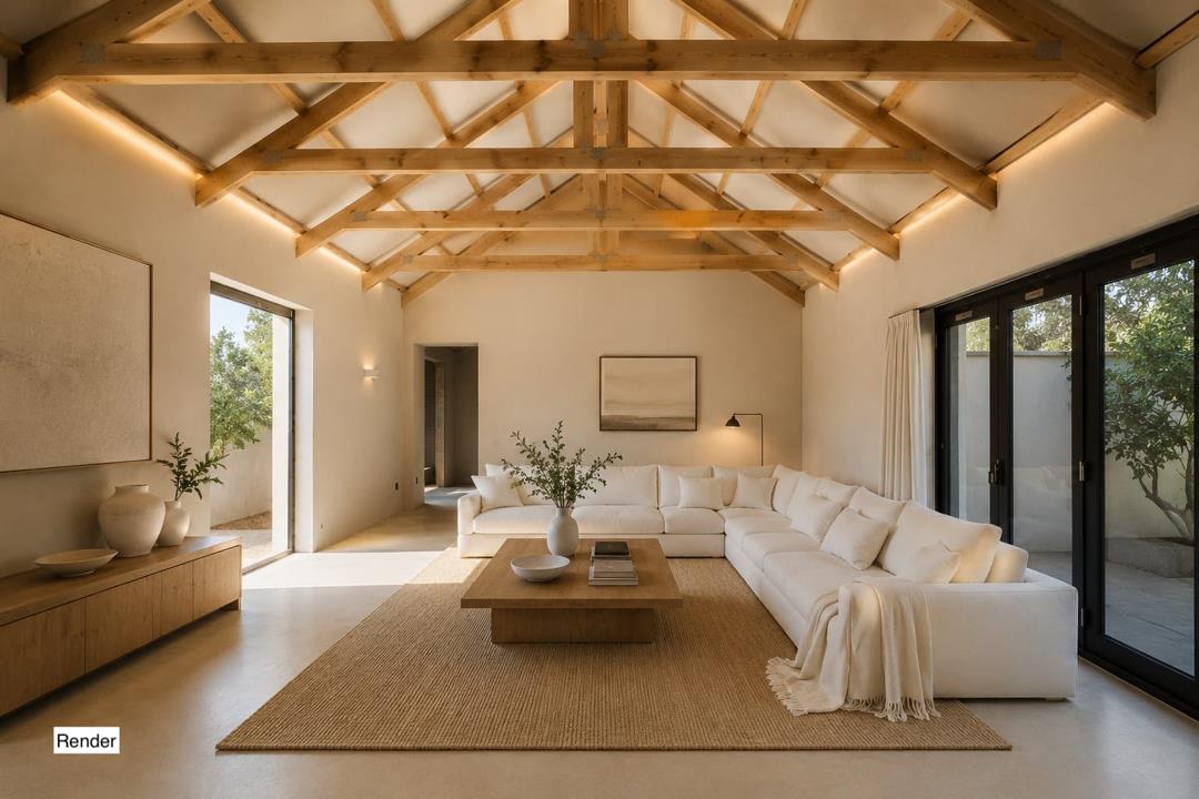 Listing number: P24-117548328, Image number: 1, Open-plan living area with exposed timber trusses. Render